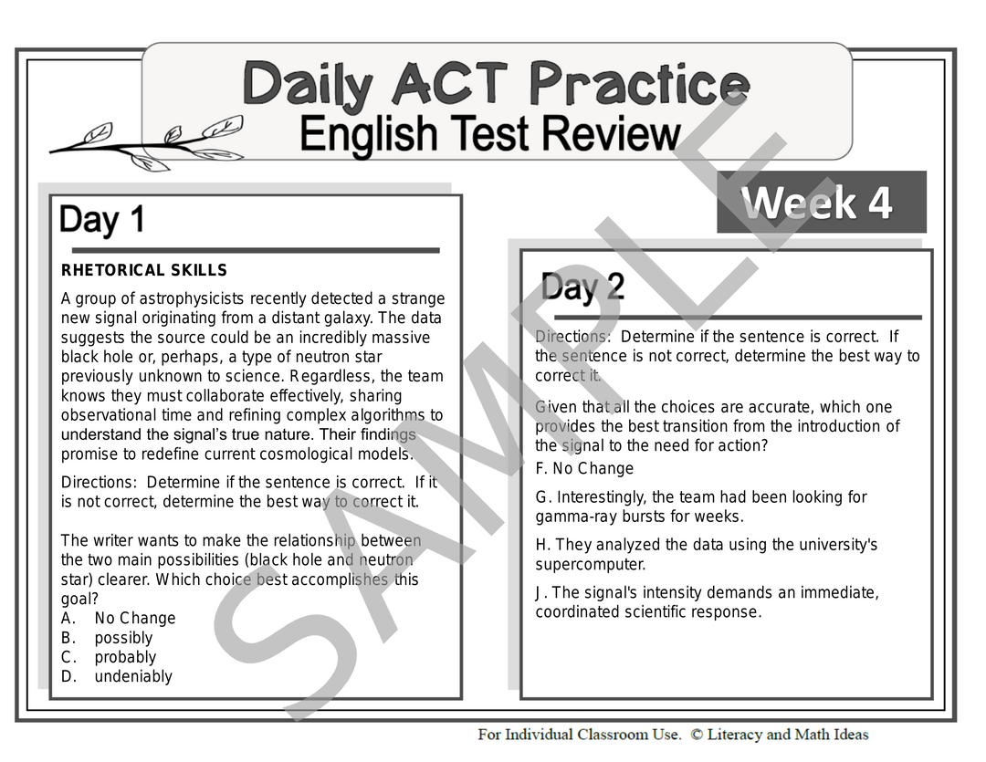 ACT English Daily Practice Week 4: Rhetorical Skills & Diction