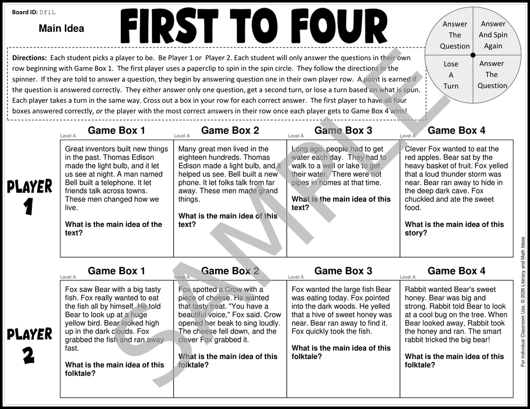 3rd Grade Differentiated Main Idea Games: 4 Reading Levels (Grades 1-4)