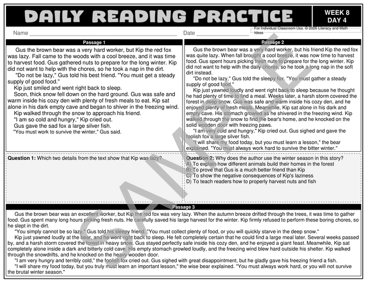 3rd Grade Differentiated Daily Reading Comprehension Passages (Weeks 5-8)