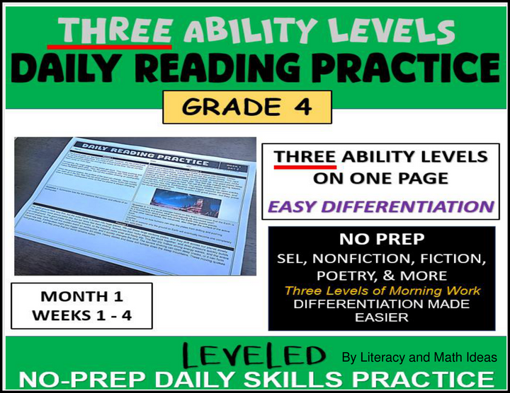 Grade 4 Differentiated Daily Reading Comprehension Worksheets - Month 1