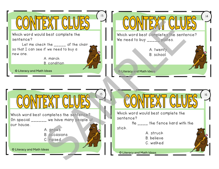 Vocabulary Task Cards: Context Clues, Homophones & Multiple Meaning Words