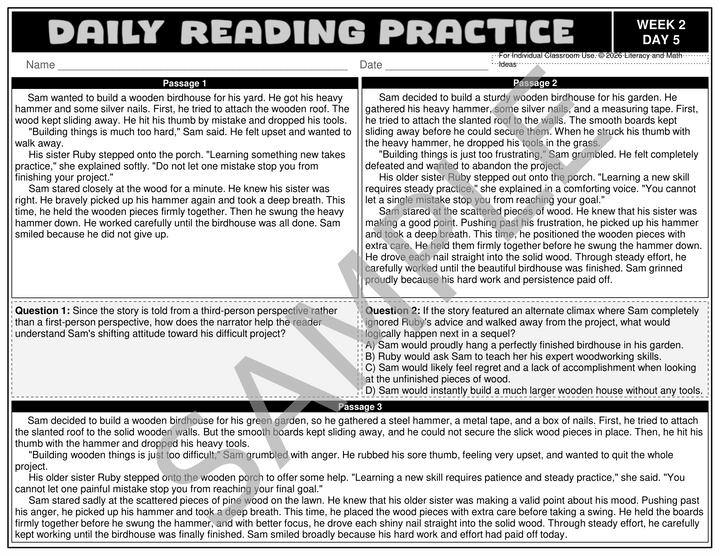 Differentiated Daily Reading Comprehension - Grade 5 (Month 1) Weeks 1 - 4