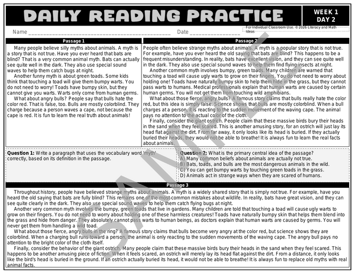 Differentiated Daily Reading Comprehension - Grade 5 (Month 1) Weeks 1 - 4
