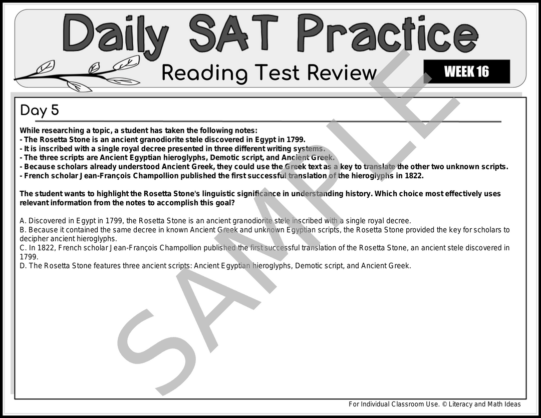 Daily SAT Reading Practice Weeks 13-16 (Month 4) - Test Prep & Detailed Explanations