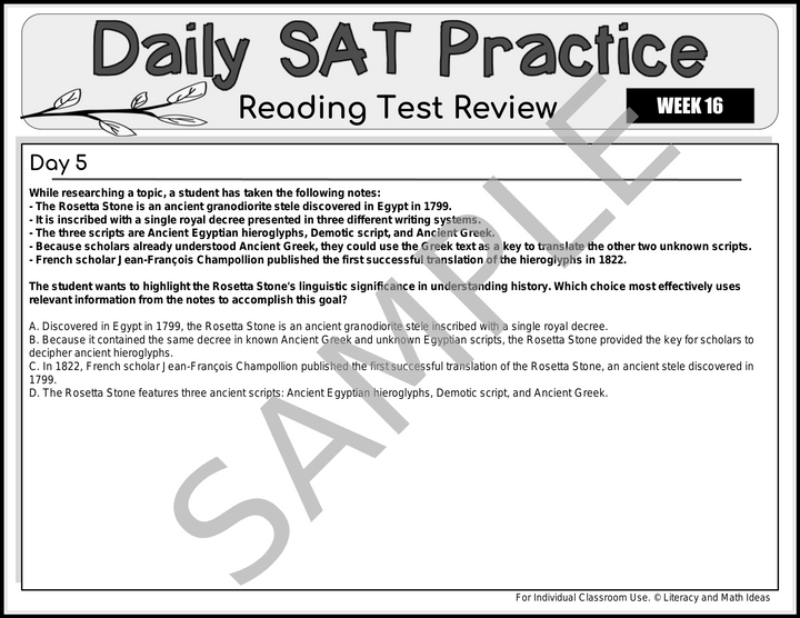 Daily SAT Reading Practice Weeks 13-16 (Month 4) - Test Prep & Detailed Explanations