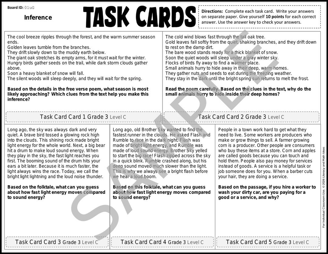 No-Prep Inference 30 Task Cards (Grade 3)