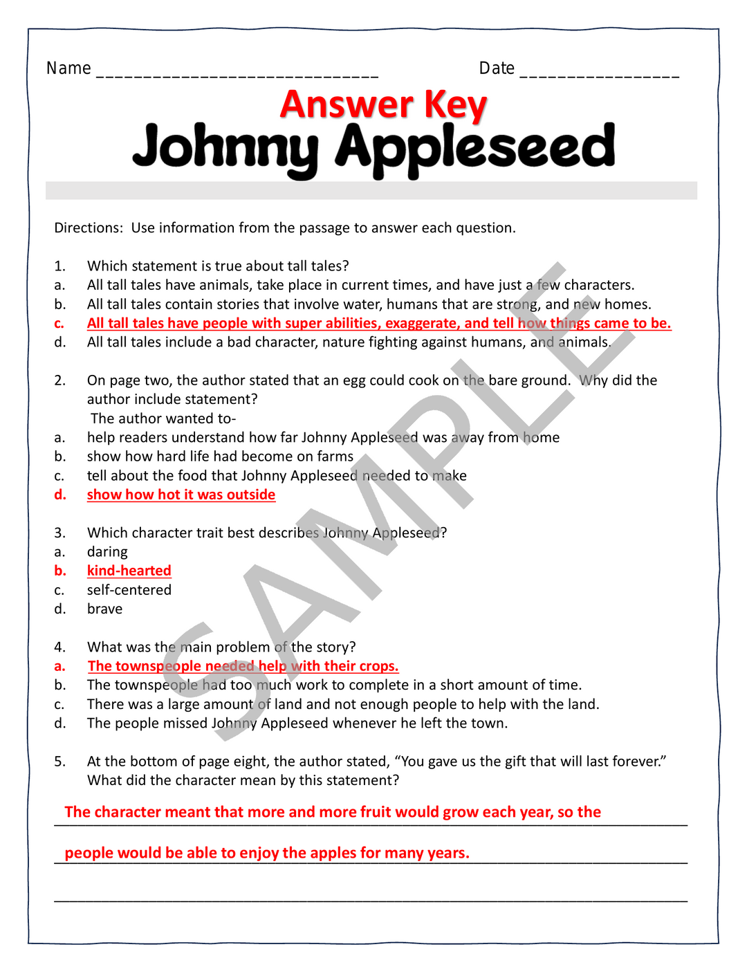 Four Tall Tales Reading Comprehension & Writing Bundle
