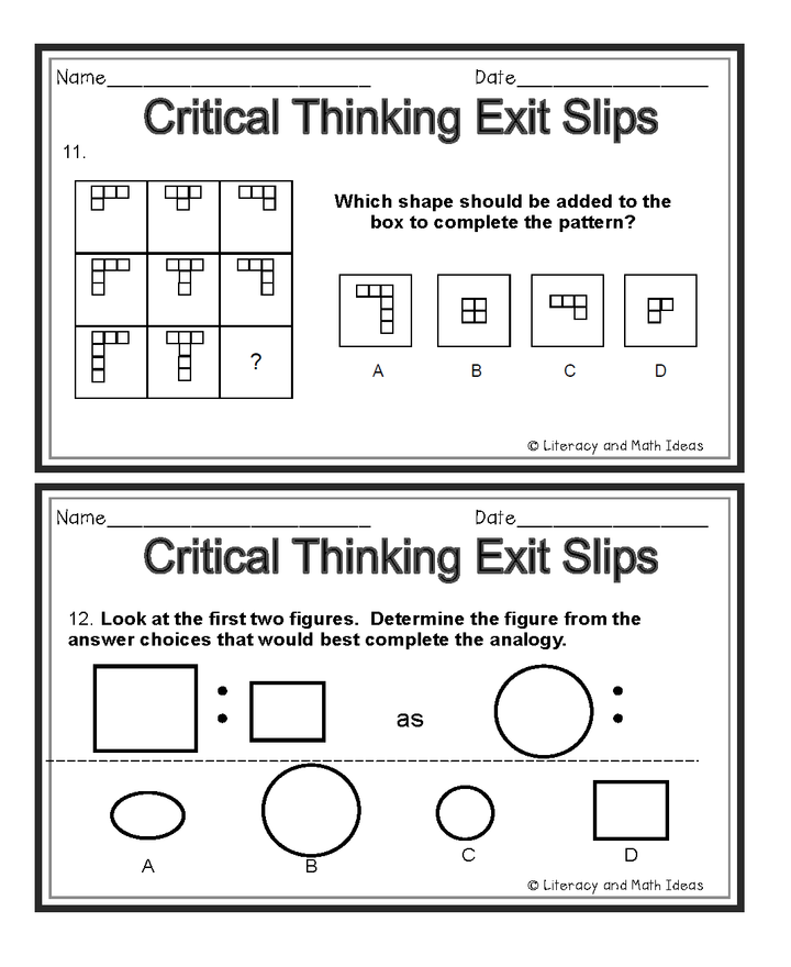 Critical Thinking Exit Slips: Critical Thinking, Reasoning, & Analogies