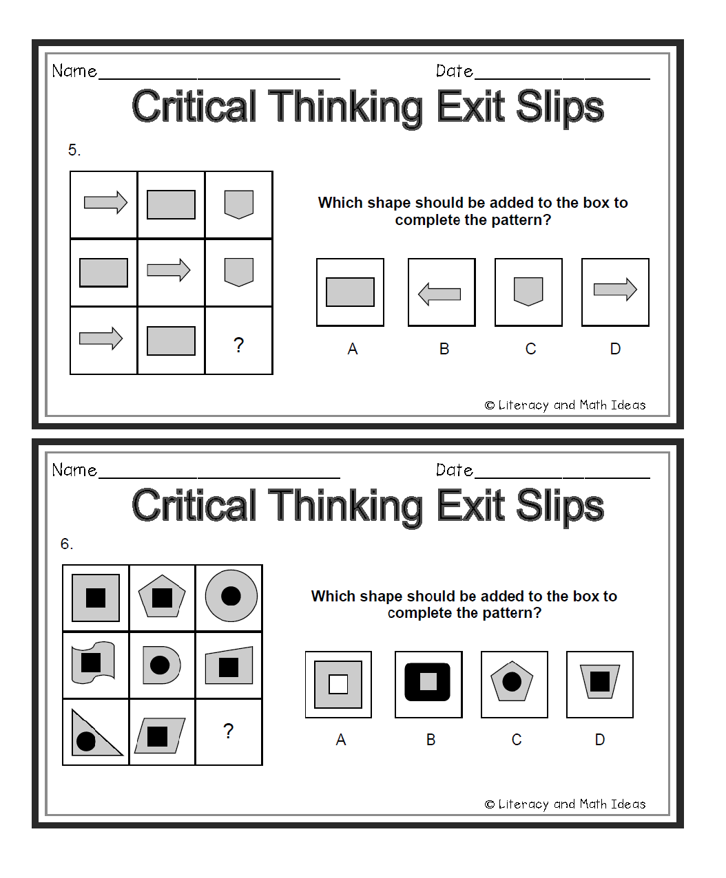 Critical Thinking Exit Slips: Critical Thinking, Reasoning, & Analogies