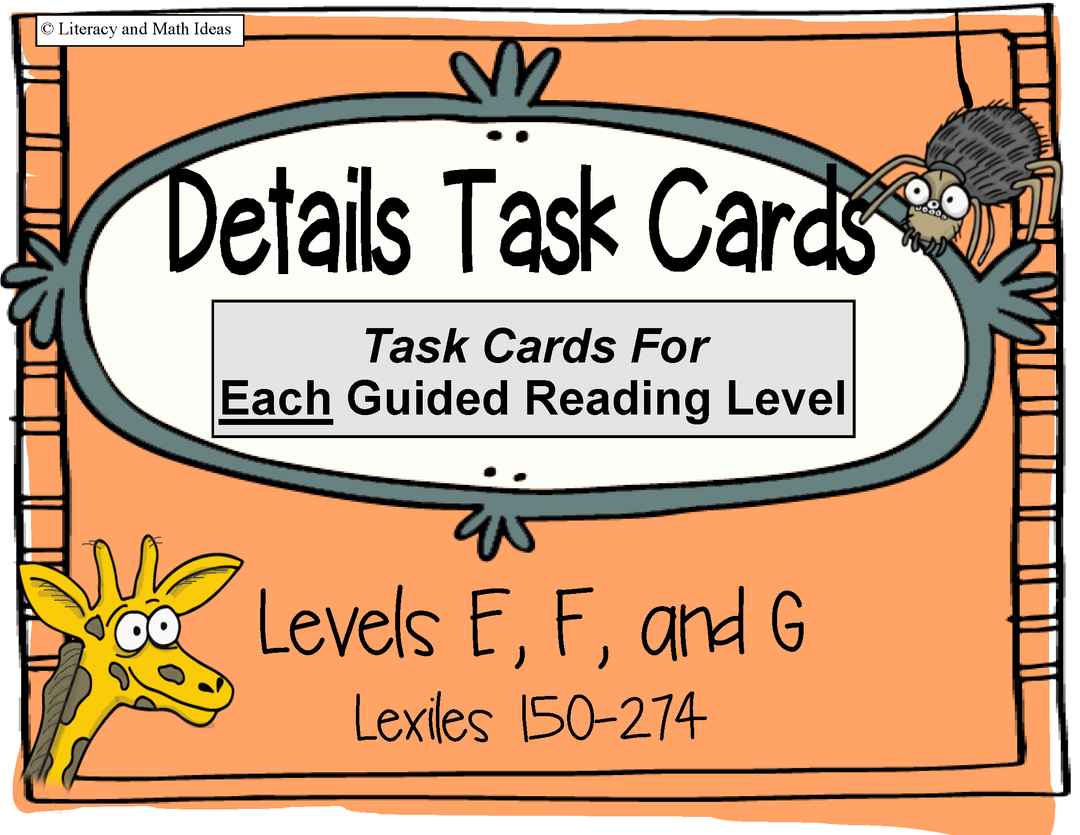 Details Task Cards For Each Guided Reading Level (Levels E, F, G)