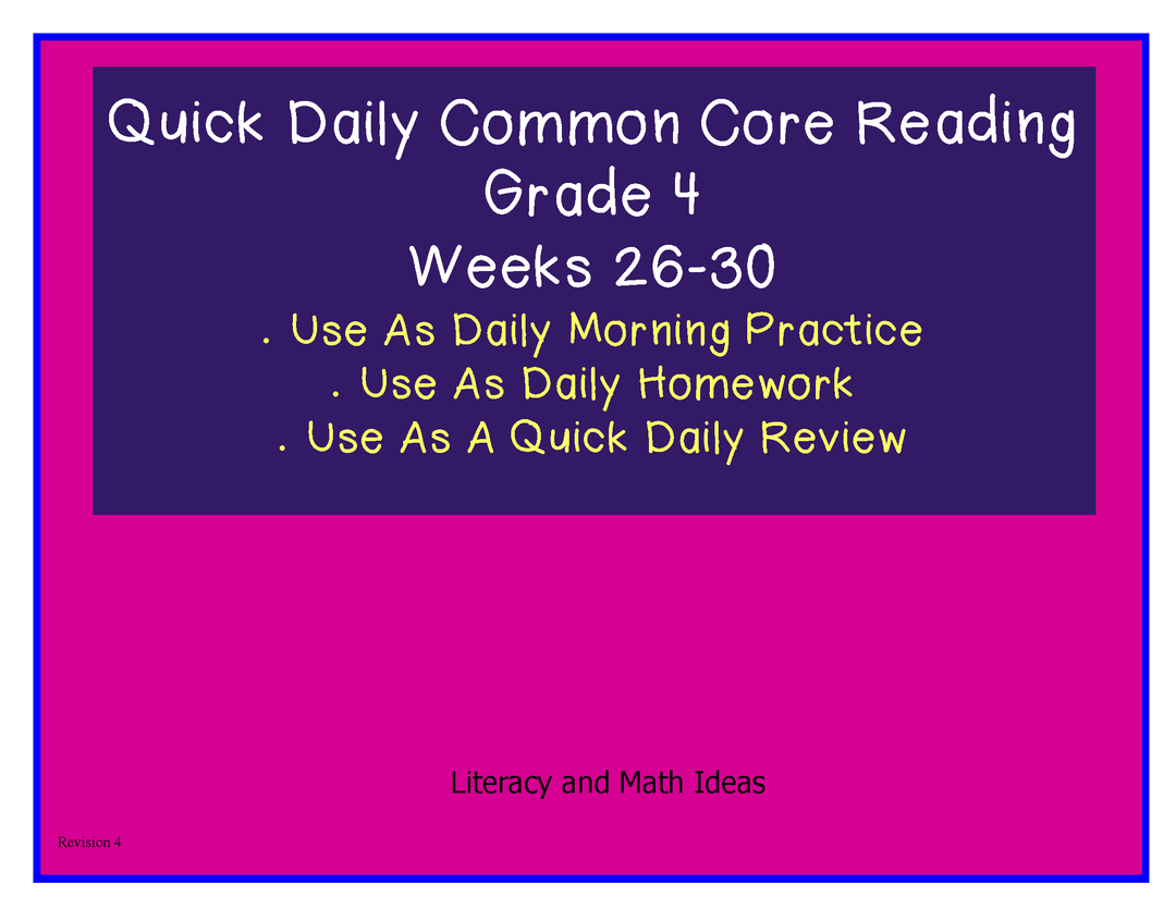 Grade 4 Daily Common Core Reading Practice Weeks 26-30