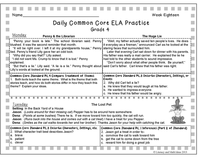Grade 4 Daily Common Core Reading Practice Weeks 17-20