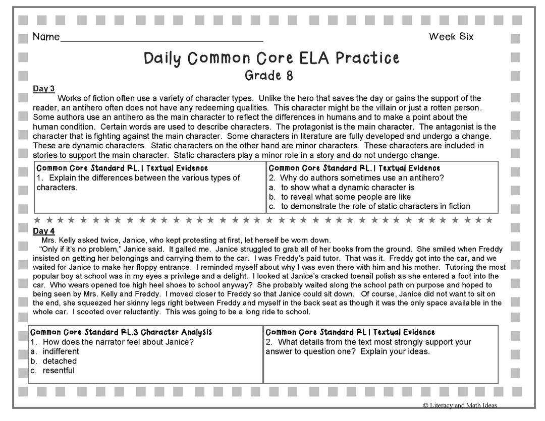 Grade 8 Daily Common Core Reading Practice Weeks 6-10