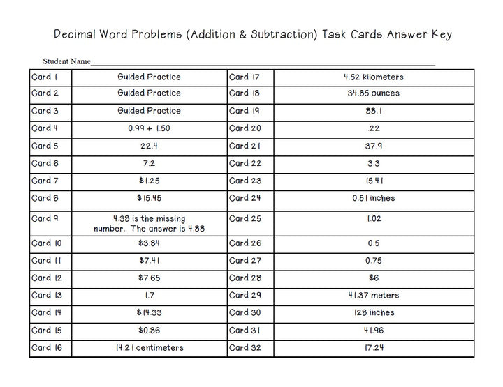 Decimal Word Problems Task Cards (Add & Subtract)