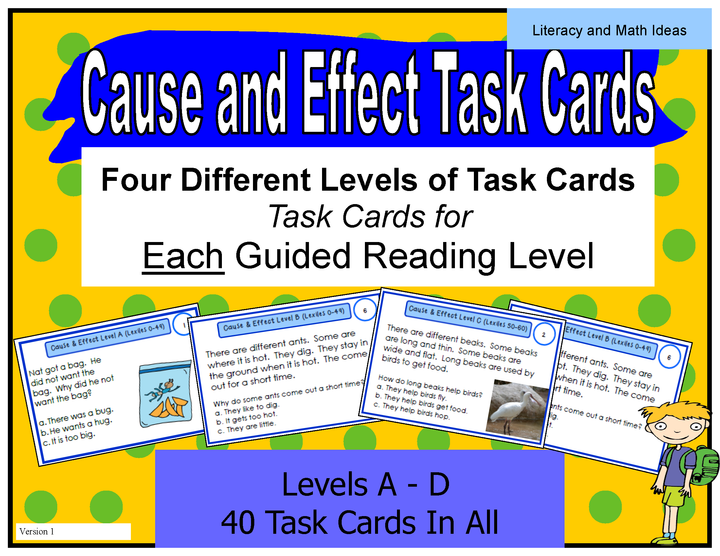 Cause and Effect Task Cards For Each Guided Reading Level (Levels A,B,C,D)