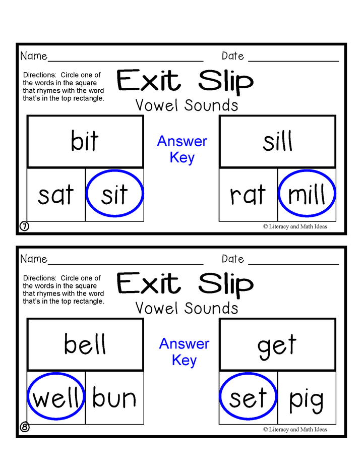 Short Vowel Sound Exit Slips