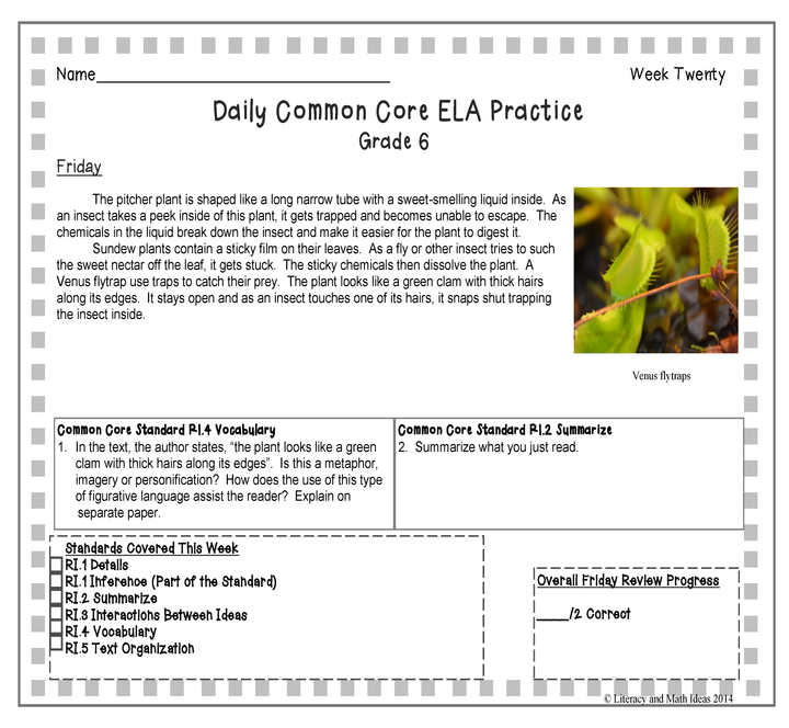 Grade 6 Daily Common Core Reading Practice Weeks 16-20