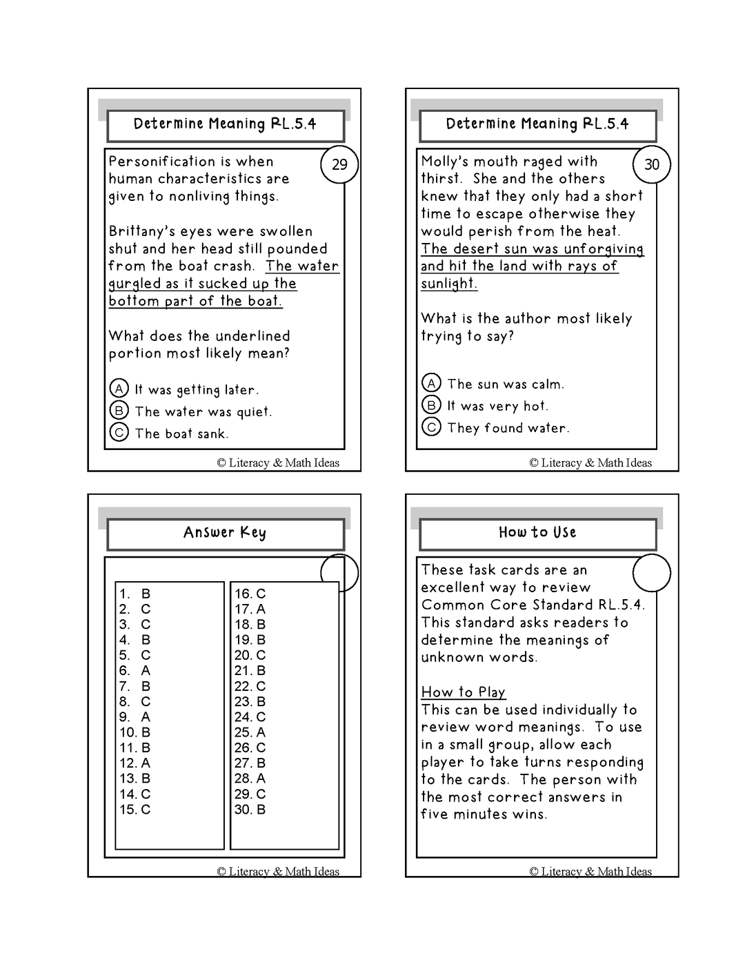 Word Meaning Activity Cards Grade 5 Common Core RL.5.4 & RL.5.4