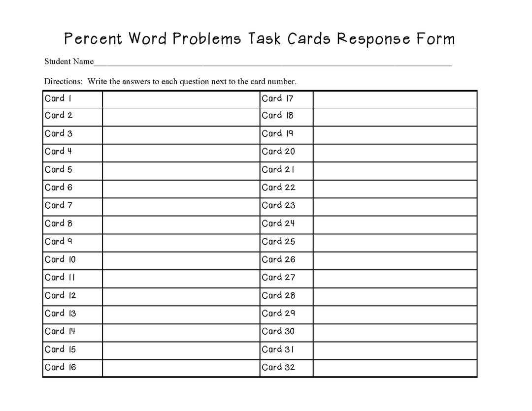 Percent Word Problems Task Cards