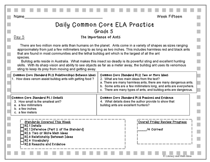 Grade 5 Daily Common Core Reading Weeks 11-15
