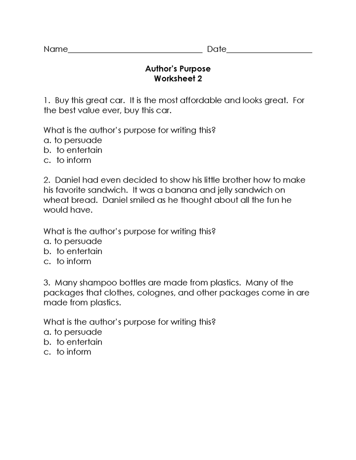 Author's Purpose Snacks Literacy Center and Worksheets