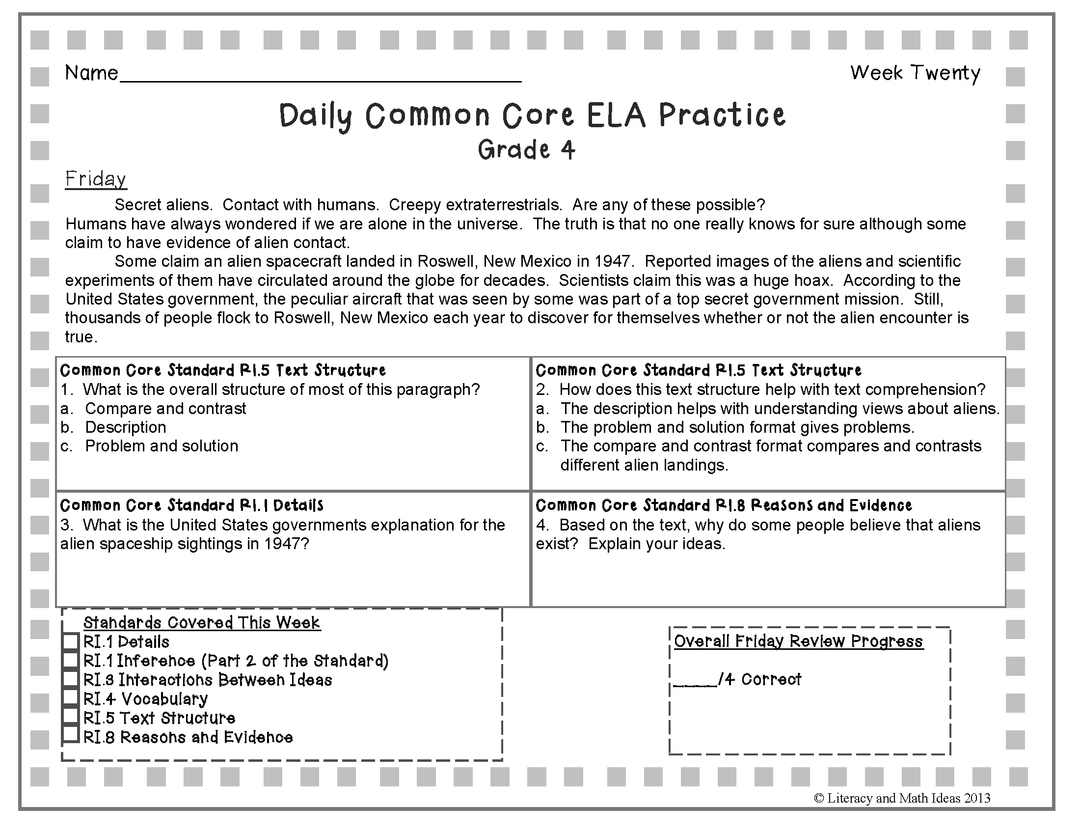Grade 4 Daily Common Core Reading Practice Weeks 17-20