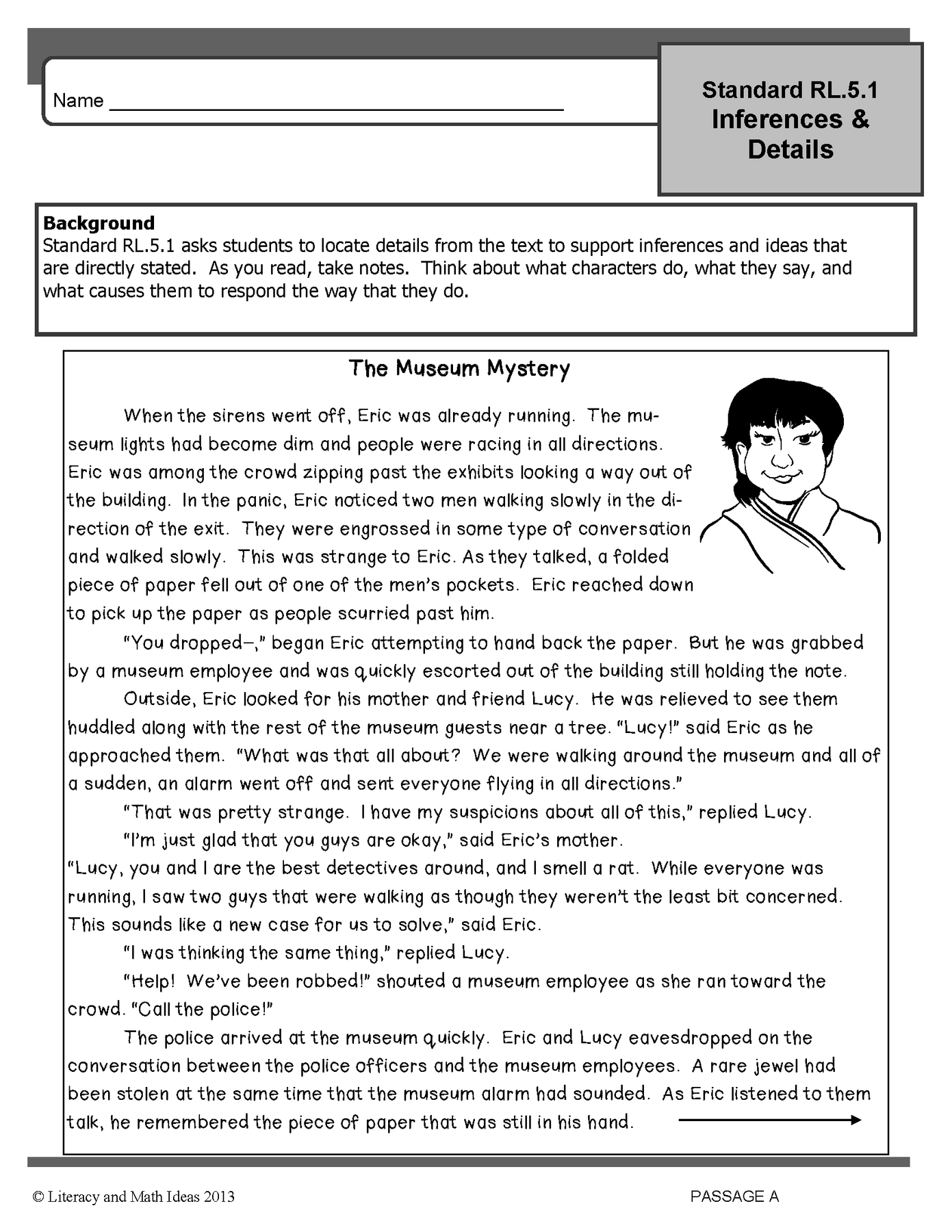Bennett's 5 Inference Common Core Grade 5: Inference (Literature) RL.1 Practice – Literacy ...