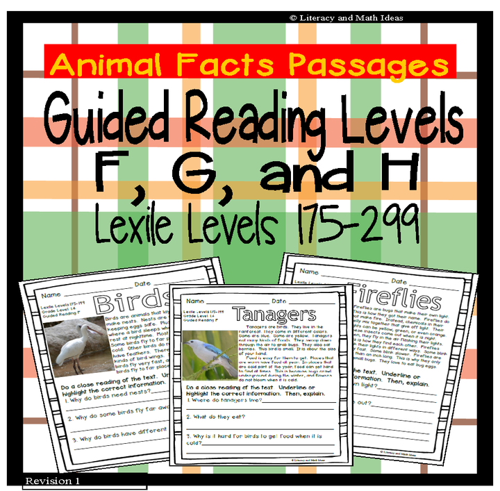 (Animals) Leveled Passages Guided Reading Levels F,G,H (Lexiles 175-299)