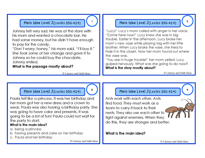 Main Idea Task Cards Guided Reading Level J (Lexiles 350-424)