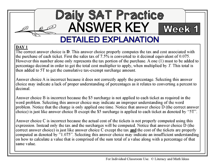 Daily SAT Math Practice Week 1: Linear Equations and Functions