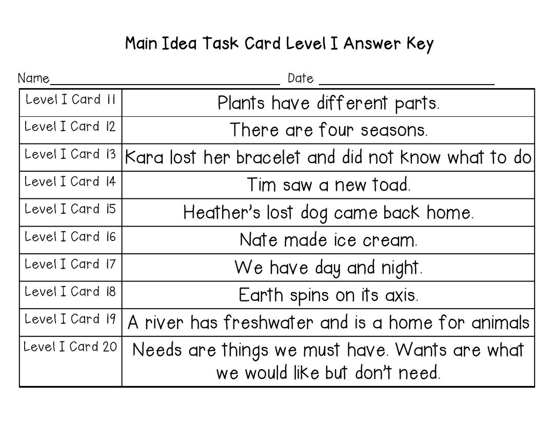 Main Idea Task Cards Guided Reading Level I (Lexiles 300-349)