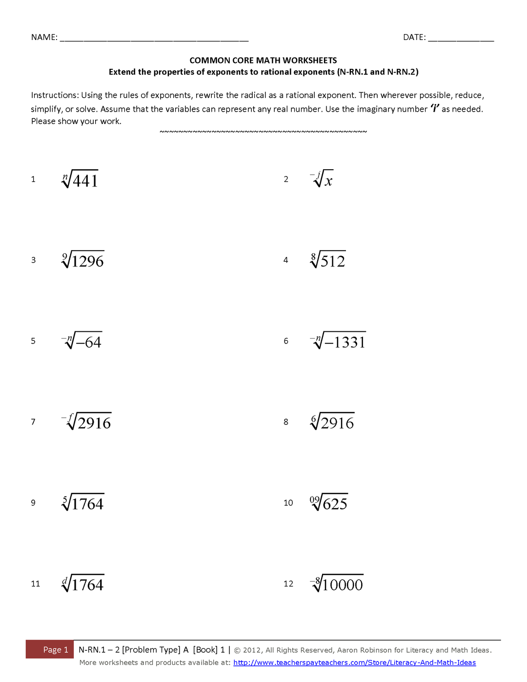 Worksheets for Common Core Math N-RN.1 and N-RN.2 Rational Exponents (Book A1)