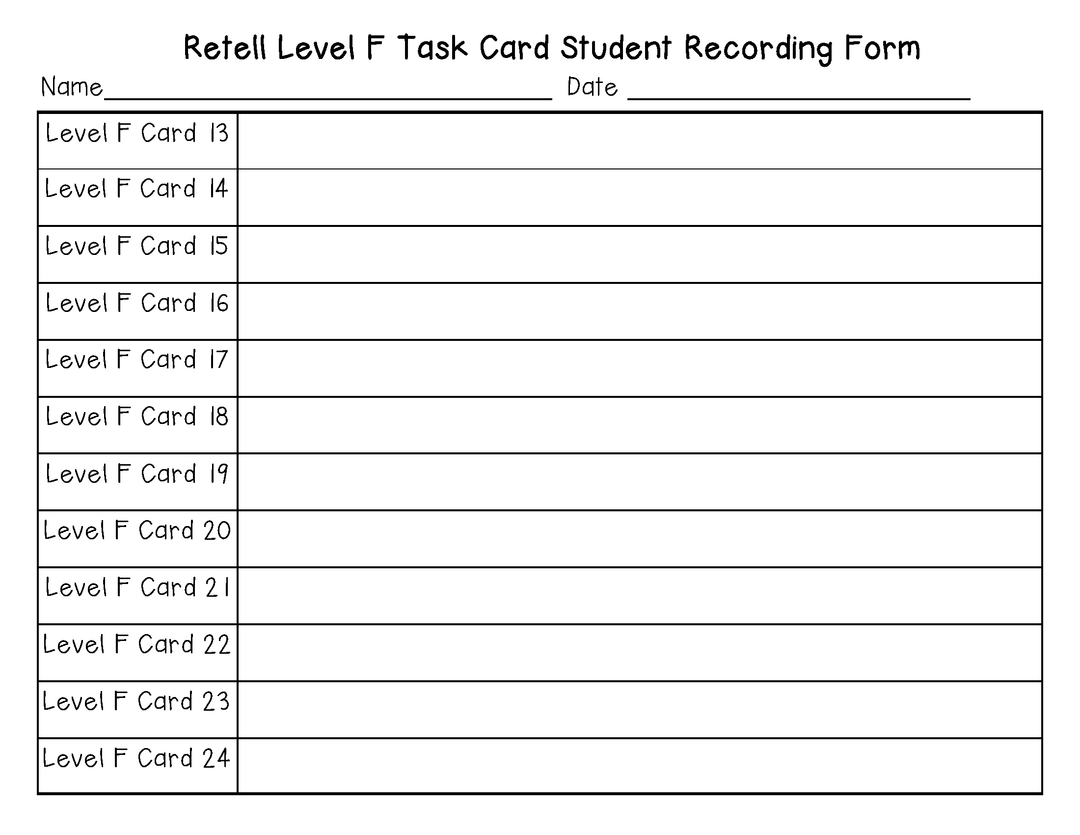 Retell Task Cards Guided Reading Level F (Lexiles 175-199)