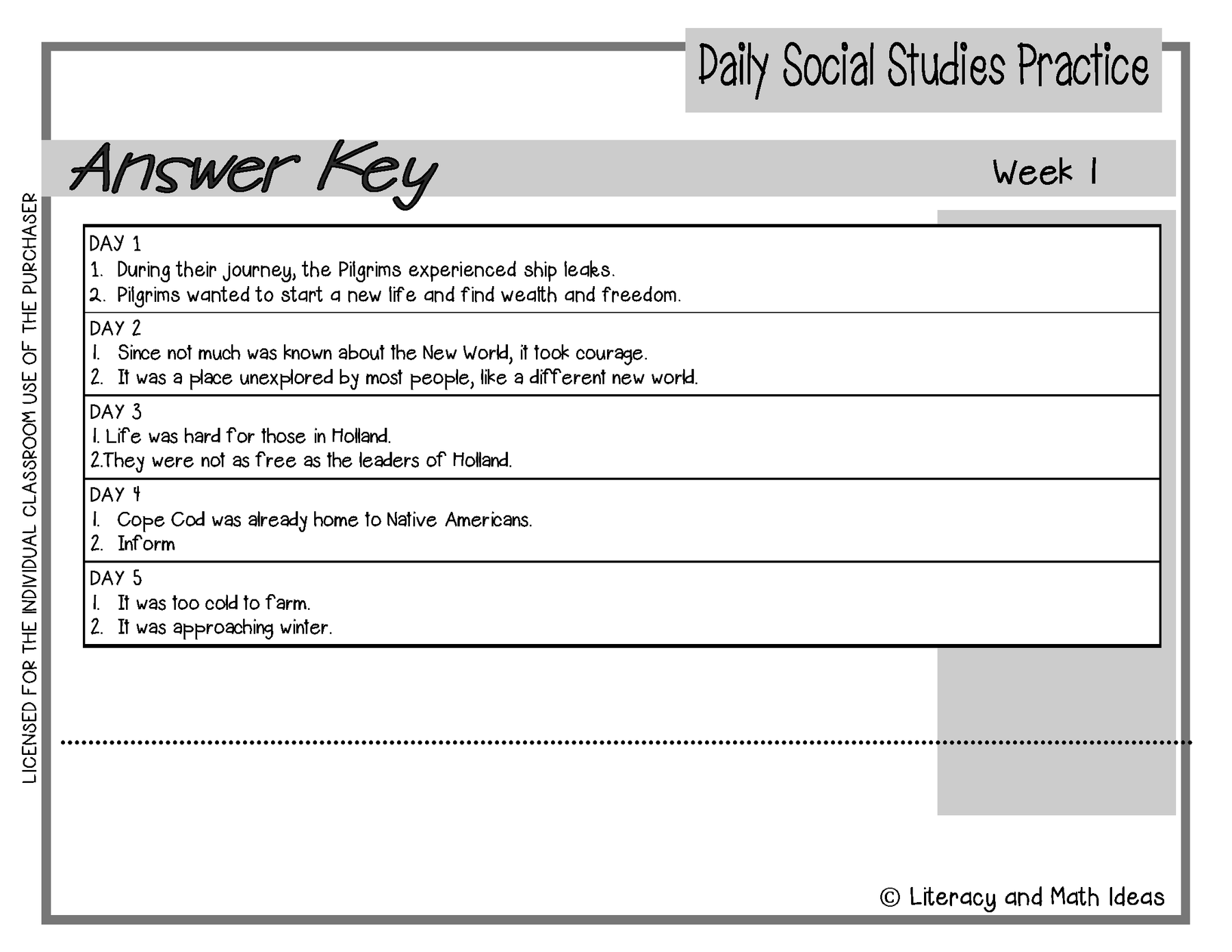 Social Studies Math Daily Social Studies (Grade 3 Weeks 1-4) – Literacy and Math Ideas