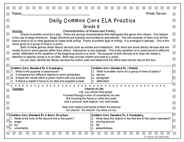 Grade 6 Daily Common Core Reading Practice Weeks 6-10