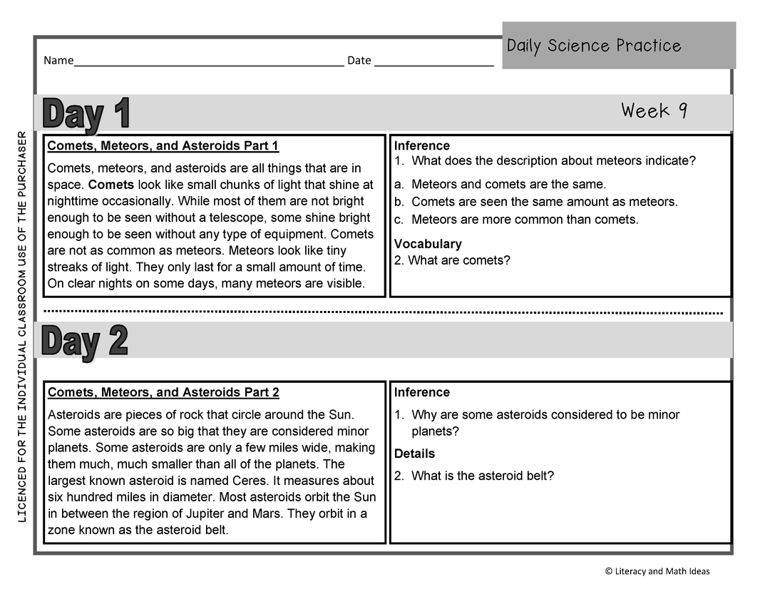 Daily Science Practice (Grade 5: November Full Month)