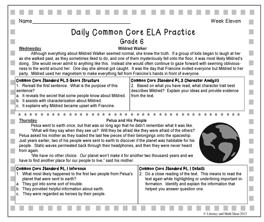 Grade 6 Daily Common Core Reading Practice Weeks 11-15