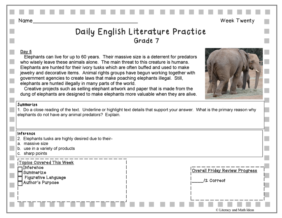 Quick and Daily English Literature (Grade 7) Weeks 1-20