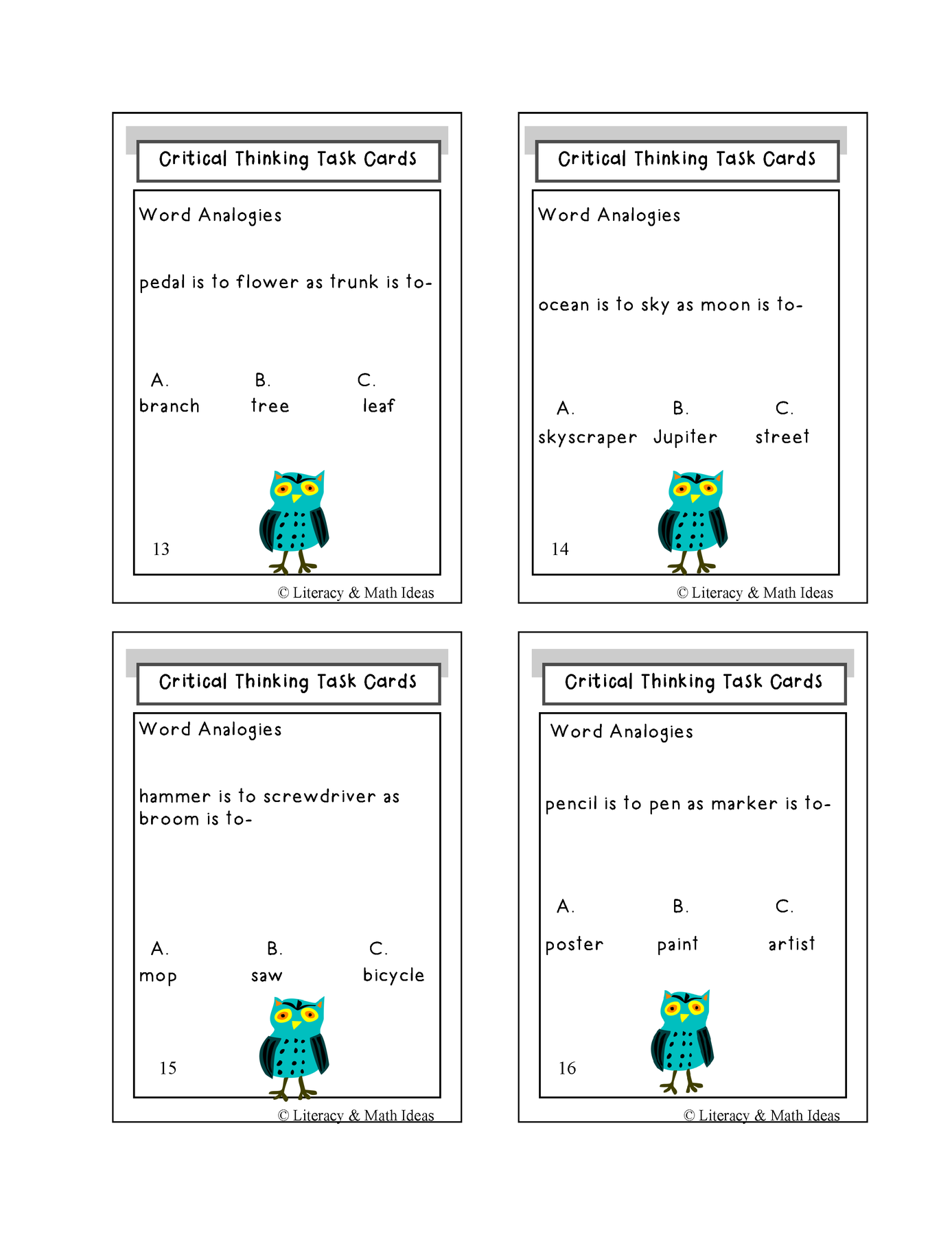 Critical Thinking Task Cards – Literacy and Math Ideas