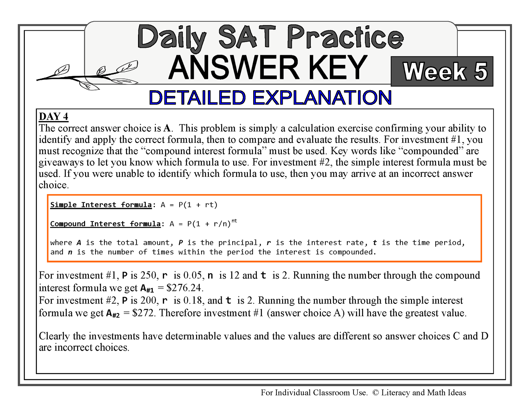 Sat Interest Problem Daily SAT Math Practice Week 5: Simple Interest Compound Interest ...