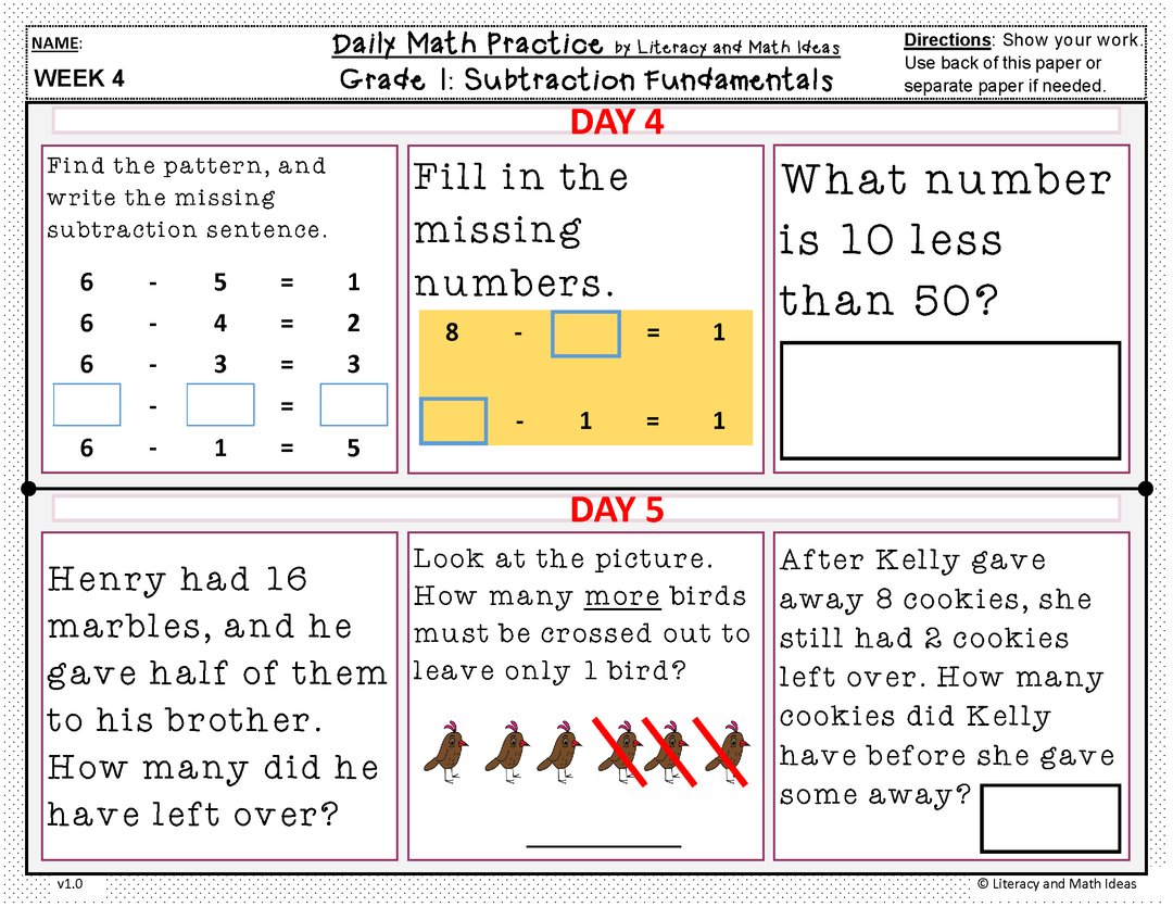 Daily Math Practice (Grade 1) October
