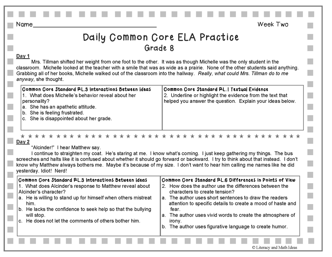 Grade 8 Daily Common Core Reading Practice Weeks 1-5