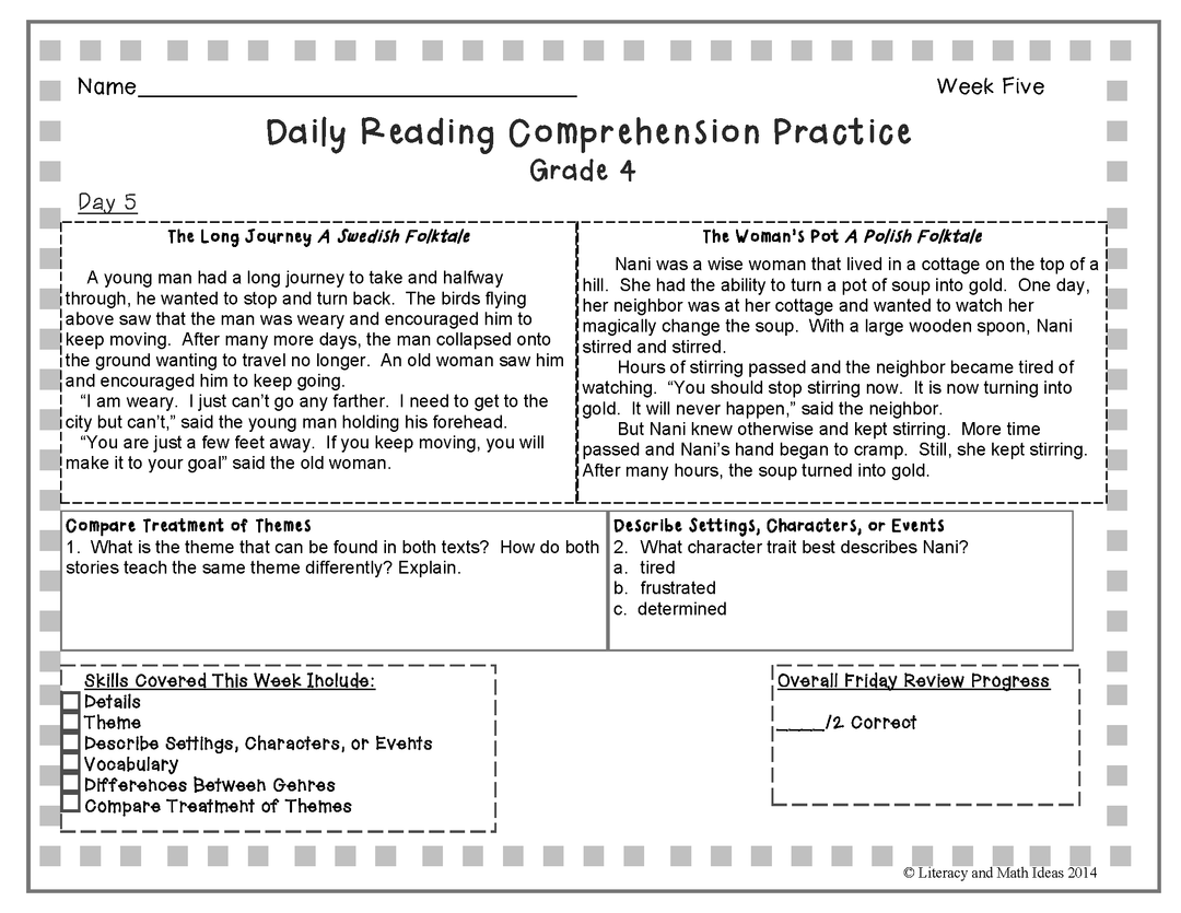 Grade 4 Daily Reading Comprehension Practice (Weeks 1-5)