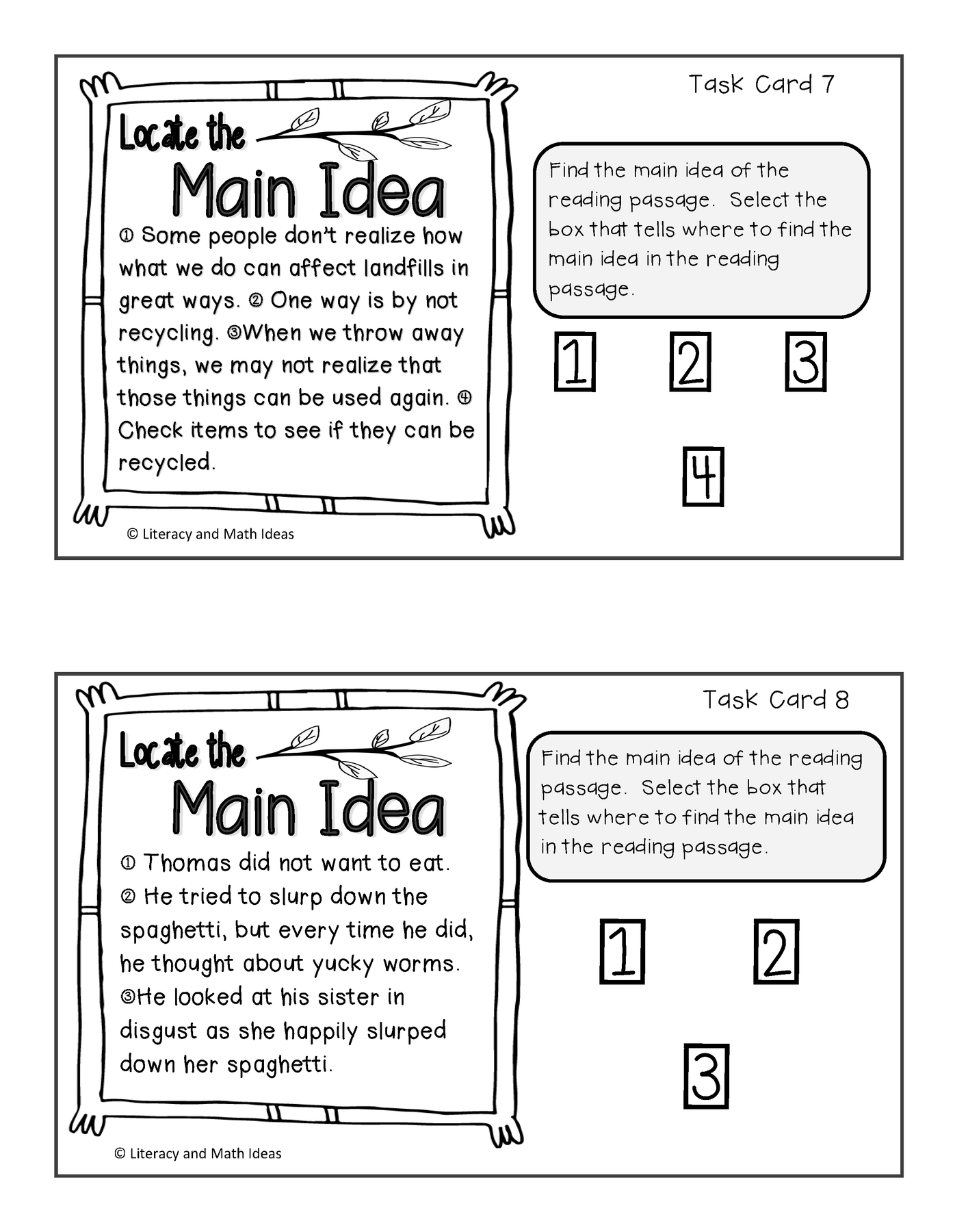 Locating the Main Idea Task Cards – Literacy and Math Ideas