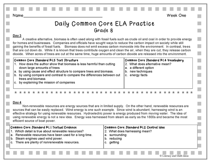 Grade 8 Daily Common Core Reading Practice Weeks 1-5
