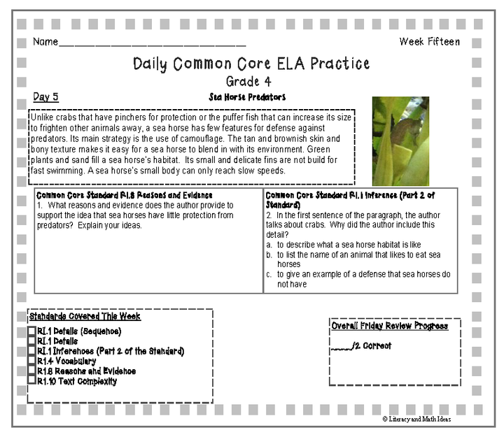 Grade 4 Daily Common Core Reading Practice Weeks 11-15
