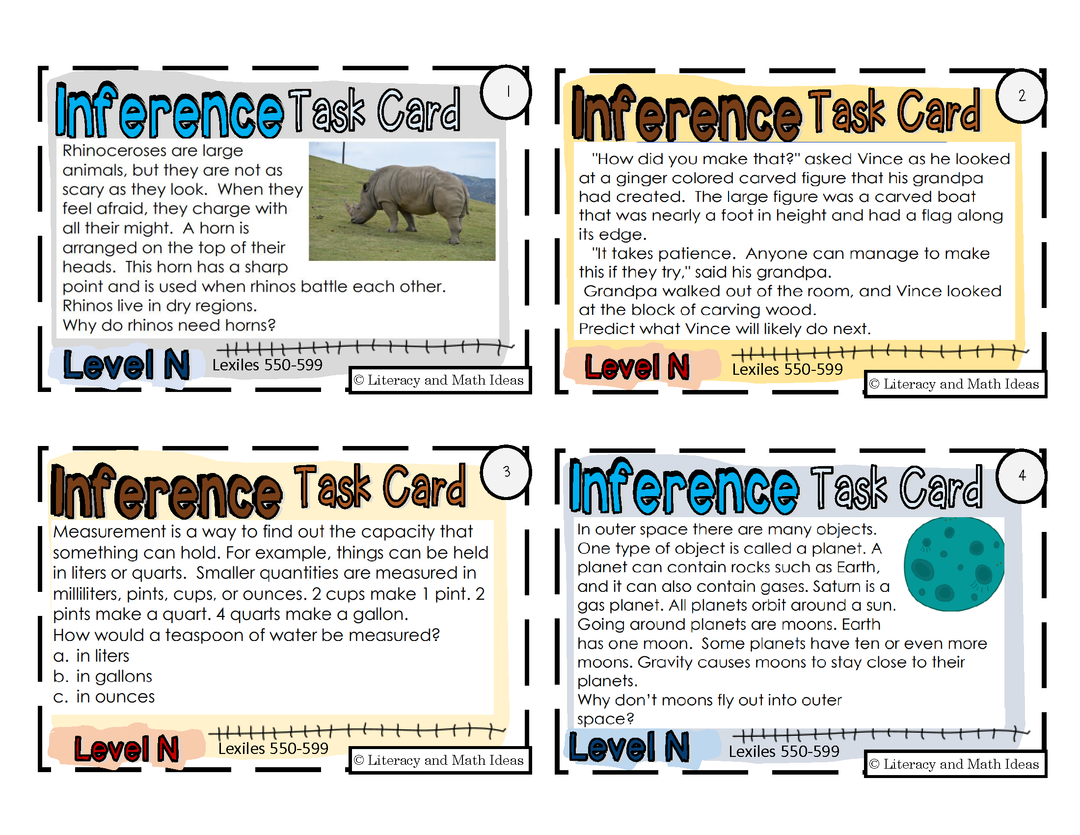 Inference Task Cards (Levels N,O,P) + Bonus Inference Video Game