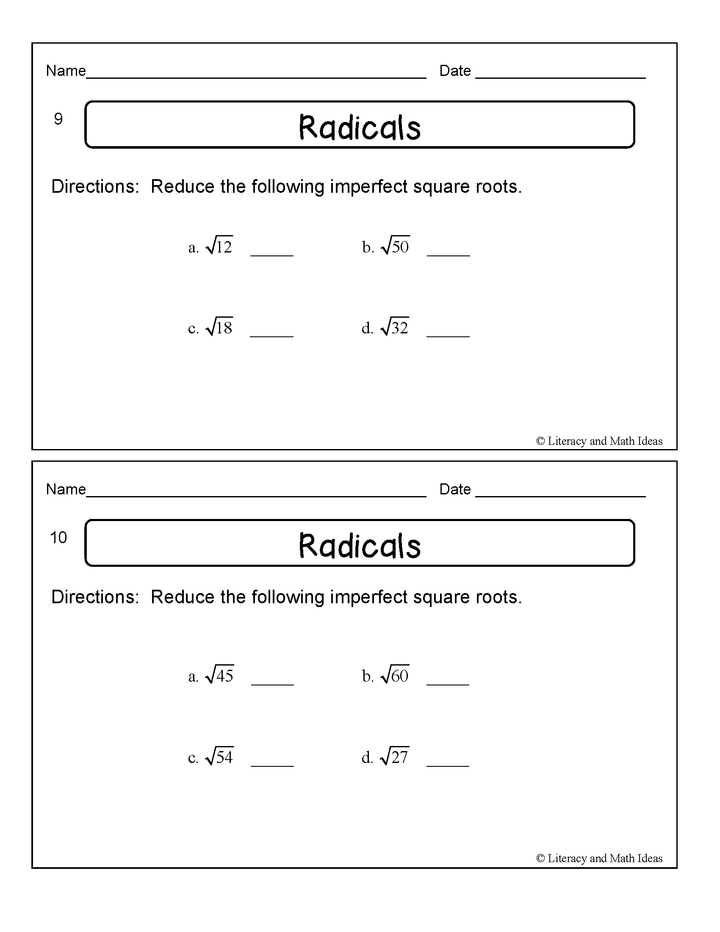 Radicals Exit Slips (Quick Square Roots Review)