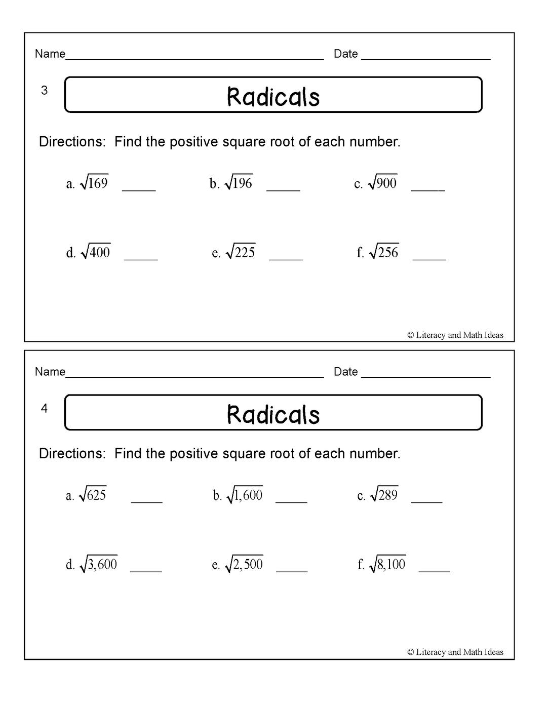 Radicals Exit Slips (Quick Square Roots Review)