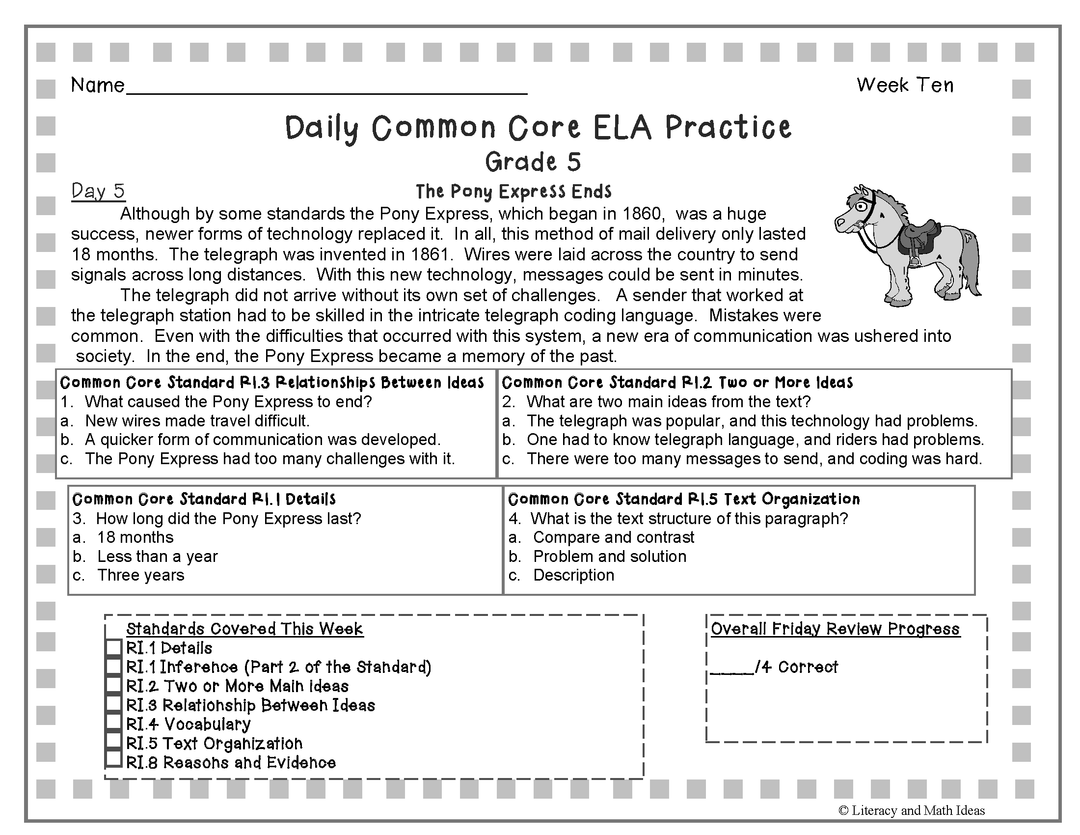 Grade 5 Daily Common Core Reading Practice Weeks 6-10